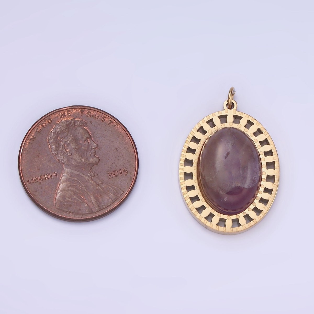 Oval Purple Amethyst Gold Stainless Steel Charm Medallion Pendant | P1405