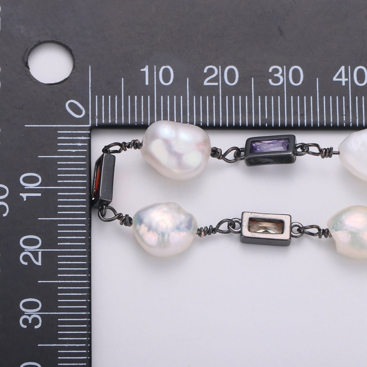 Pearl Micro Pave Charmed 24K Gold-Filled Chain by Yard, Multicolor Square Cubic Chain, Baroque Pearl CZ Chain | ROLL-319, ROLL-320, ROLL-321 Clearance Pricing