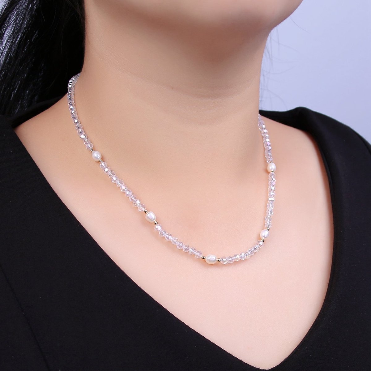 Pearl with Clear Glass Beaded Necklace, Clear Faceted Rondell Beads Necklace | WA-610 Clearance Pricing