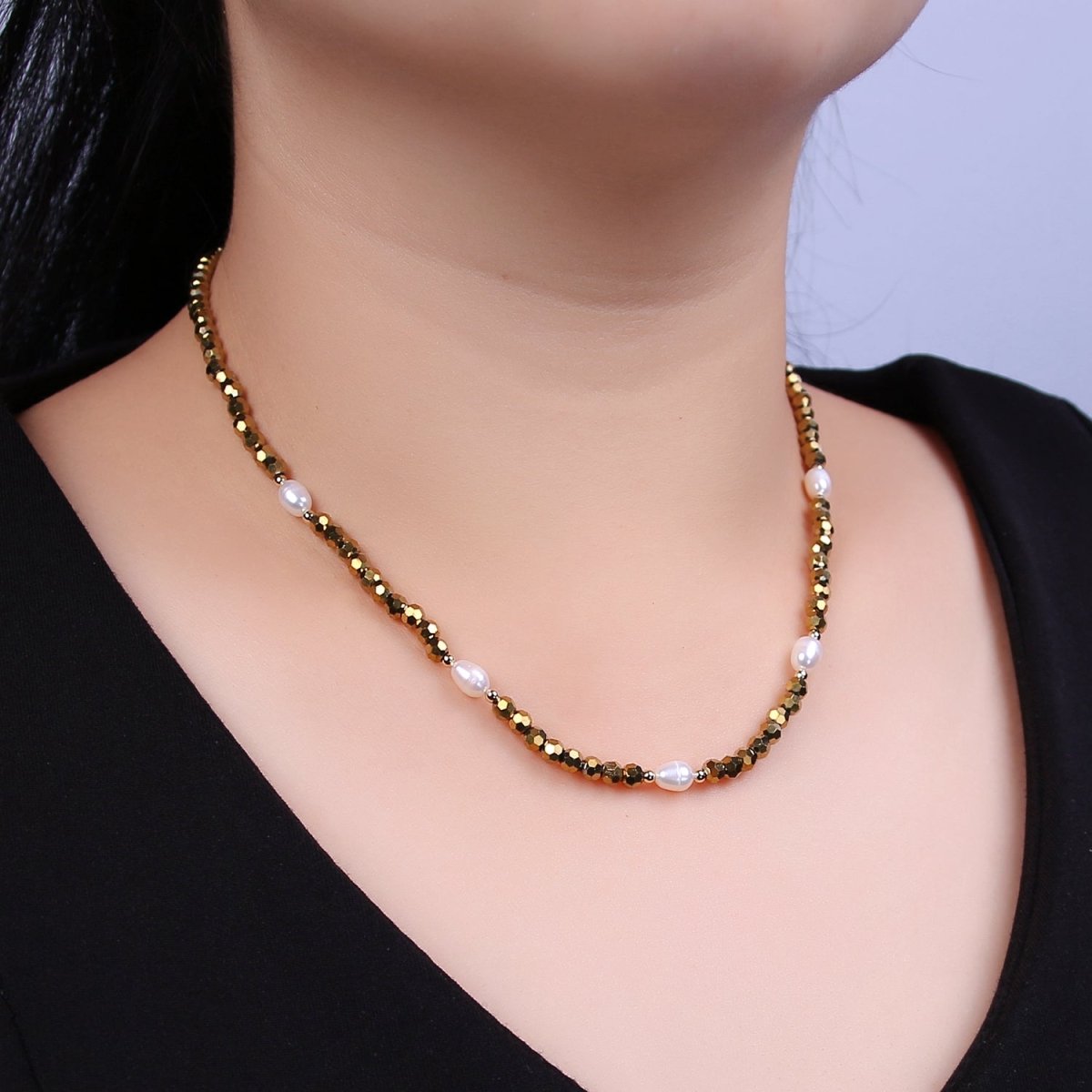 Pearl with Gold Glass Beaded Necklace, Gold Faceted Rondell Beads Necklace | WA-609 Clearance Pricing