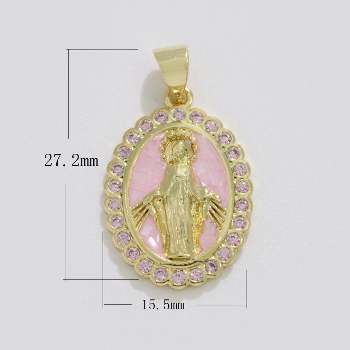 Pink miraculous Lady Charm for Necklace, Dainty Virgin Mary Pendant for Religious Jewelry Making Supply in Gold Filled N-1412