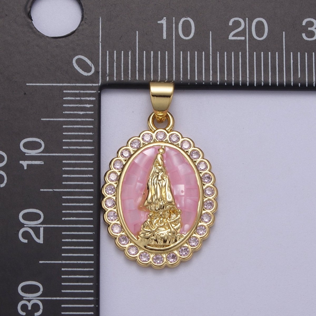 Pink Opal Miraculous Lady Charm for Necklace, Dainty Lady of Guadalupe Pendant for Religious Jewelry Making Supply in Gold Filled H-601