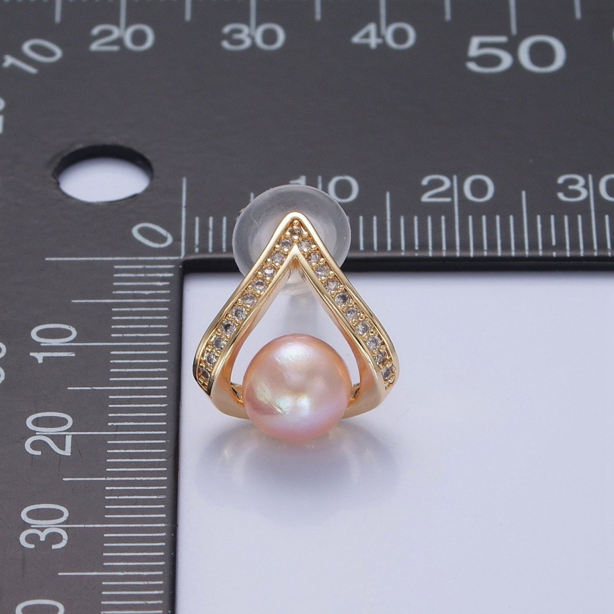 Pink Pearl Stud Earring with Gold Pave for Wedding Jewelry T-526