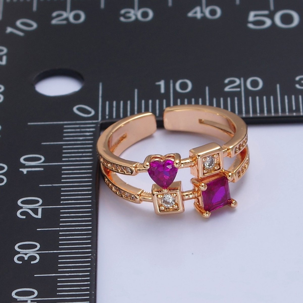Pink Square Heart Ring Double Band Gold Band Ring O-2235 O-2236