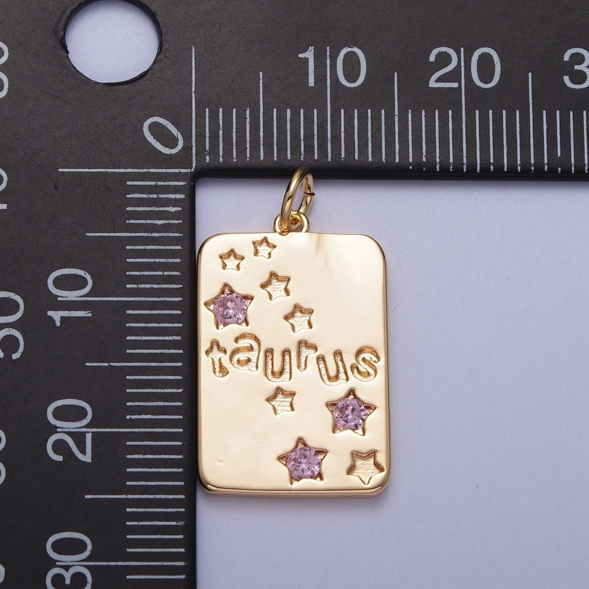Pretty Gold Zodiac Cham Square Tag Horoscope Charm with Pink Cz Star | A-A1743-A-A1748