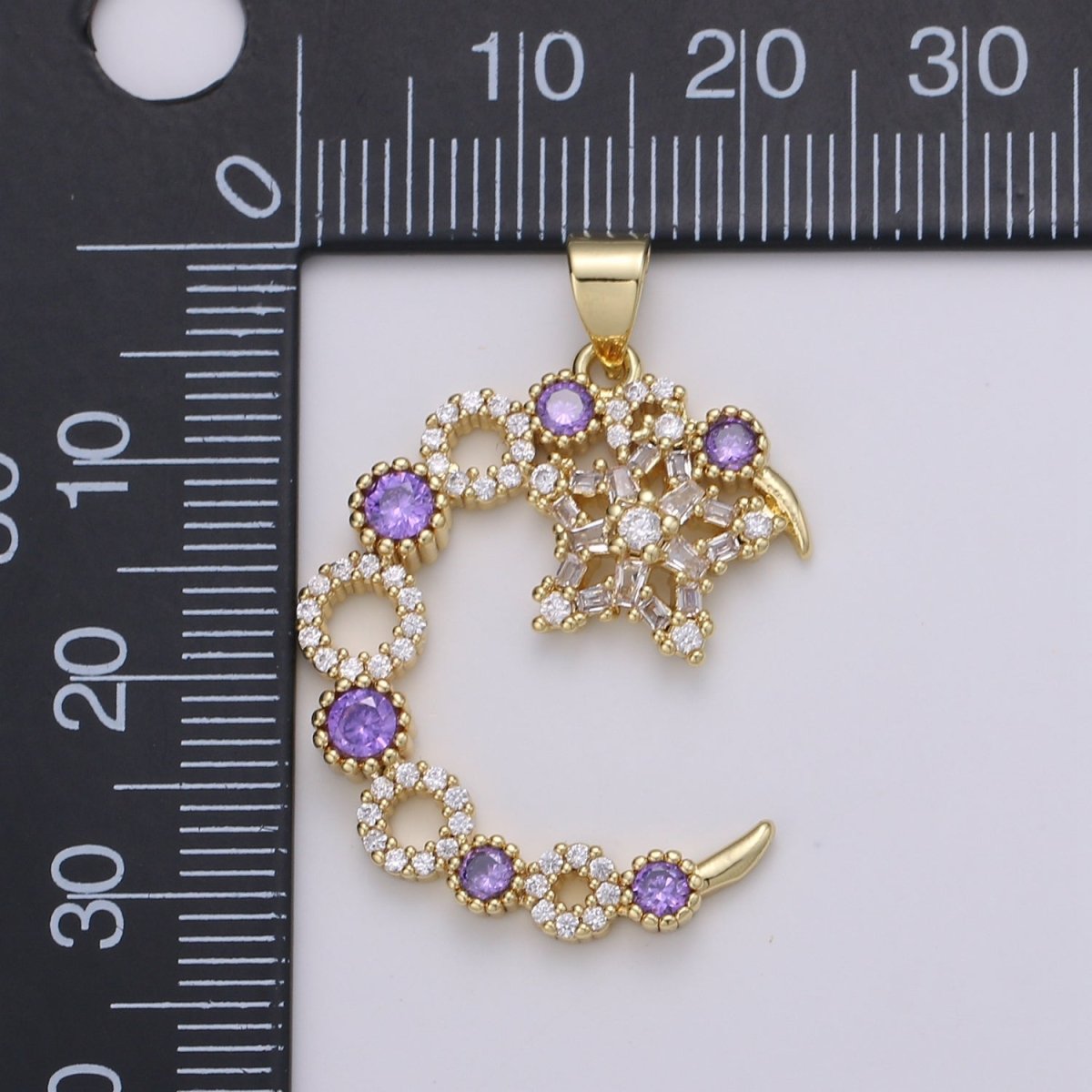 Purple Lilac Crystal Gold Filled Moon and Star Pendants J-197