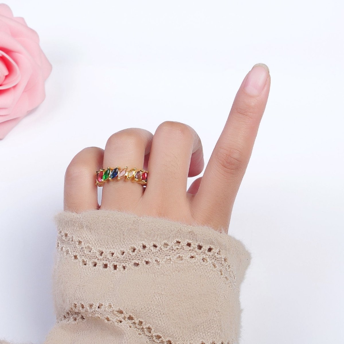 Rainbow Multicolor Marquise Sideway CZ Lined Adjustable Gold Ring | O-210