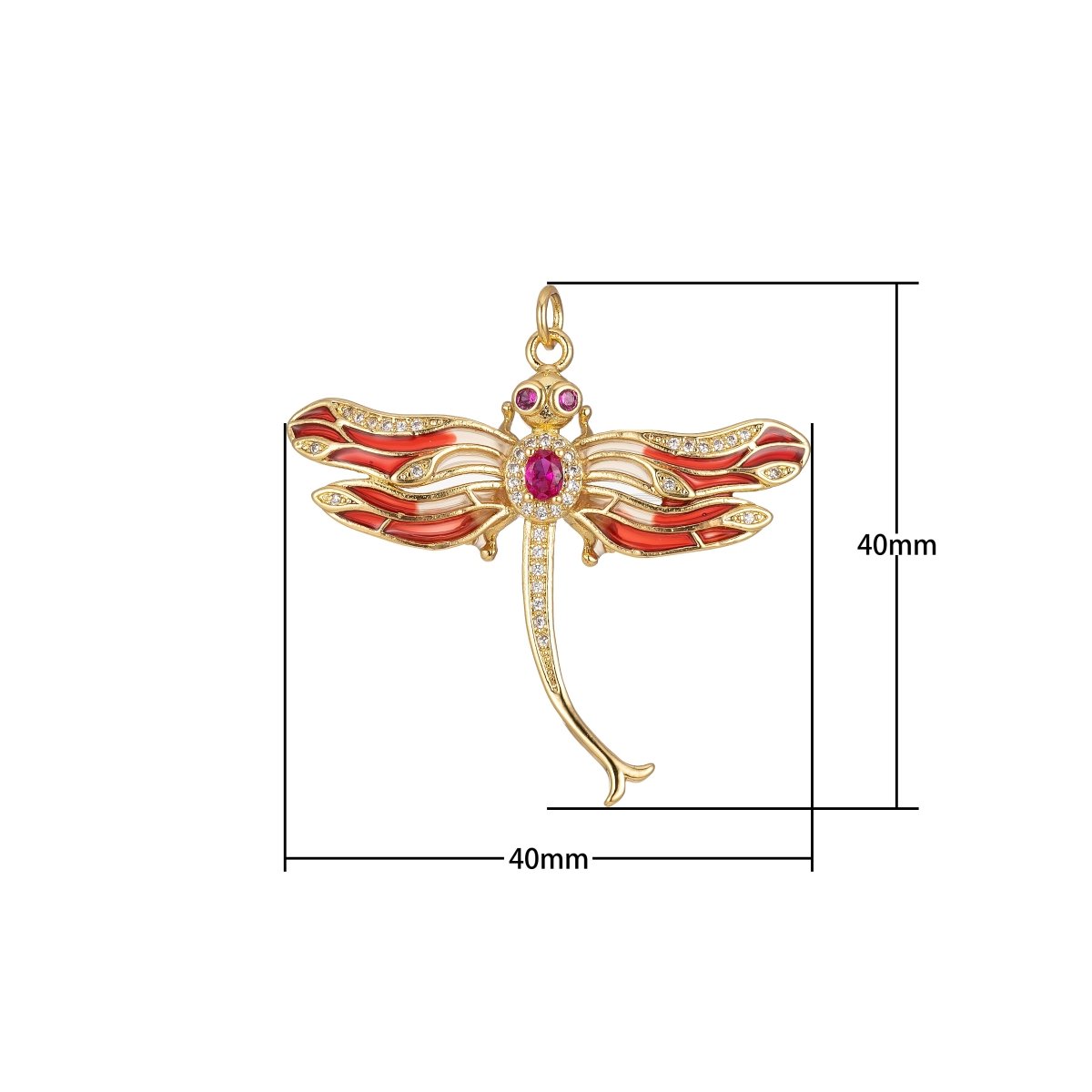 Red Dragonfly Pendant - Large Gold Dragon Fly Charm- Cubic Animal Pendant E-902