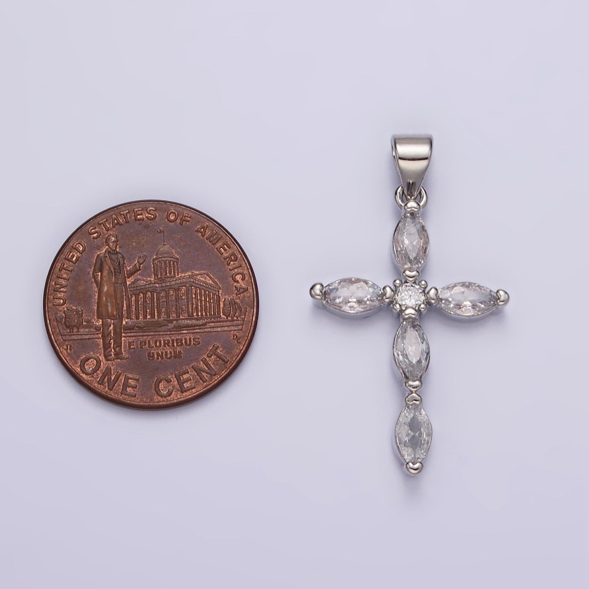 Rhodium Plated Clear Marquise Lined Religious Cross Pendant | AA1103