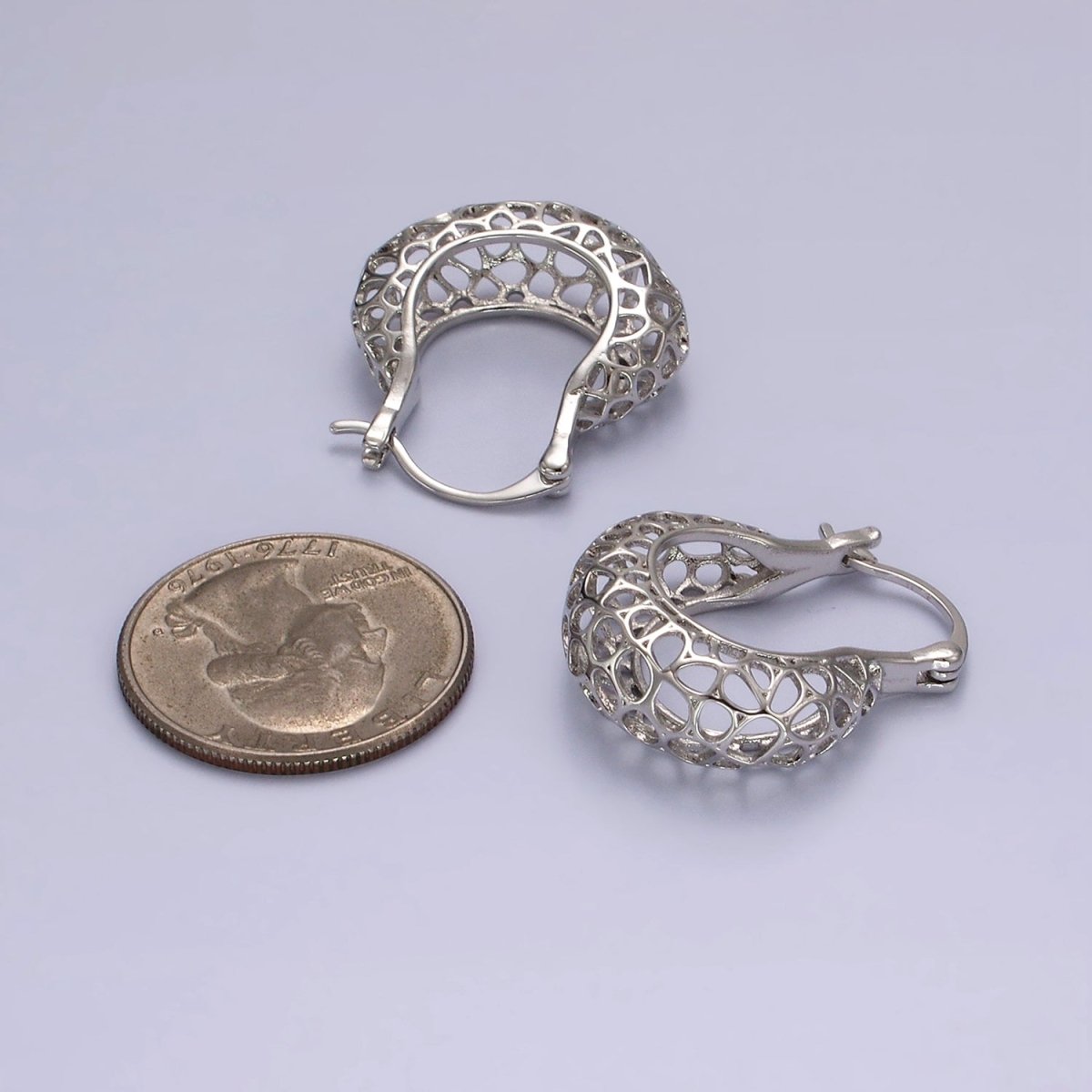 Rhodium Plated Geometric Filigree Open Dome French Lock Latch Hoop Earrings | AE206