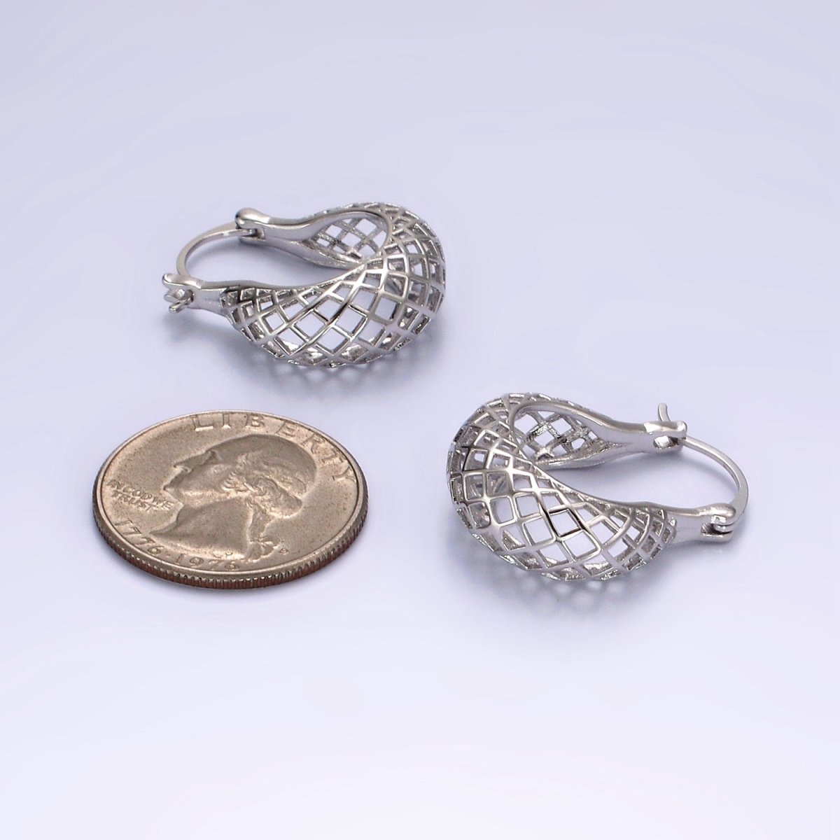 Rhodium Plated Rhombus Filigree Open Dome French Lock Latch Hoop Earrings | AE204