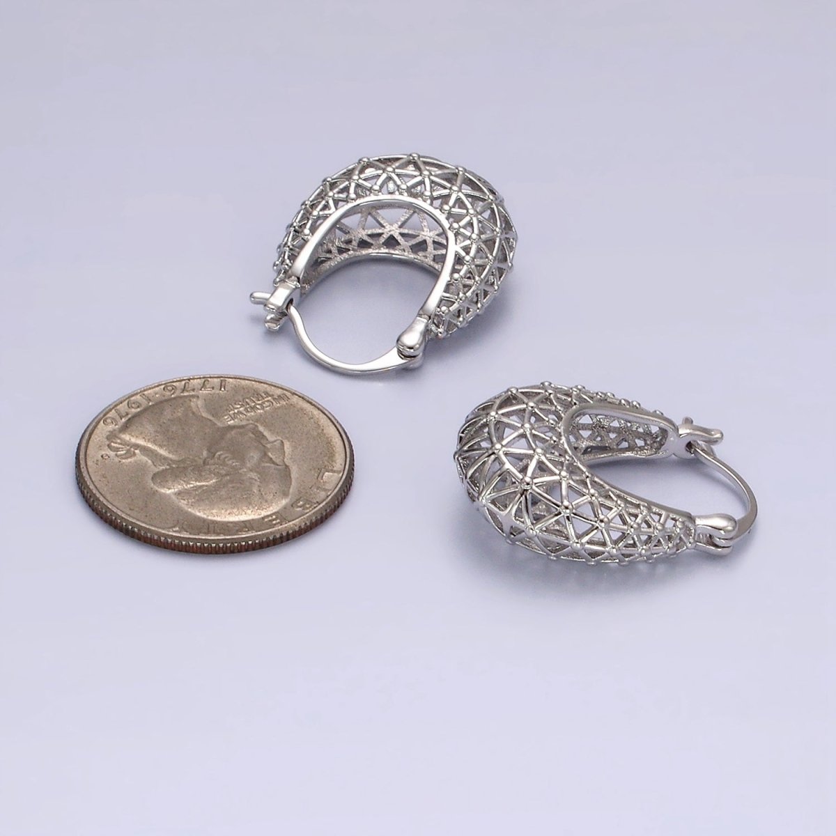 Rhodium Plated Triangle Filigree Open Dome French Lock Latch Hoop Earrings | AE207
