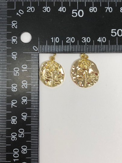 Rose Coin Pendant - Charm, Flower Pendant, Gold Plated Charm, Nature Charm, Gold Disc, Gold Medallion, Flower Coin Charm, D-171 E-086