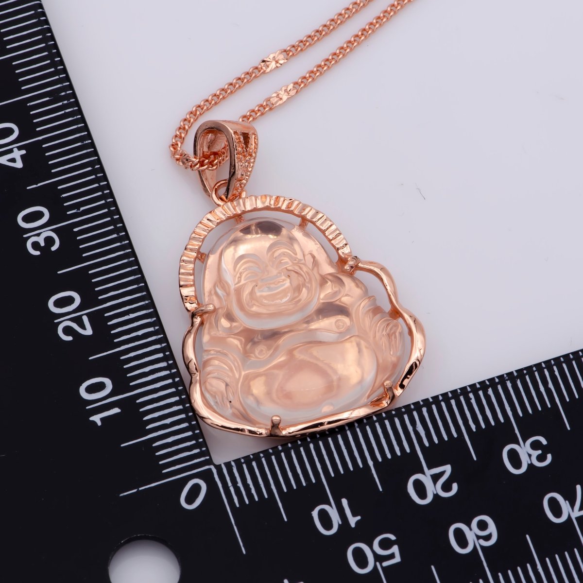 Rose Gold Buddha Necklace Pink Clear Laughing Buddha Necklace 18.5 Inch long Ready to Wear for Statement Jewelry AH-332