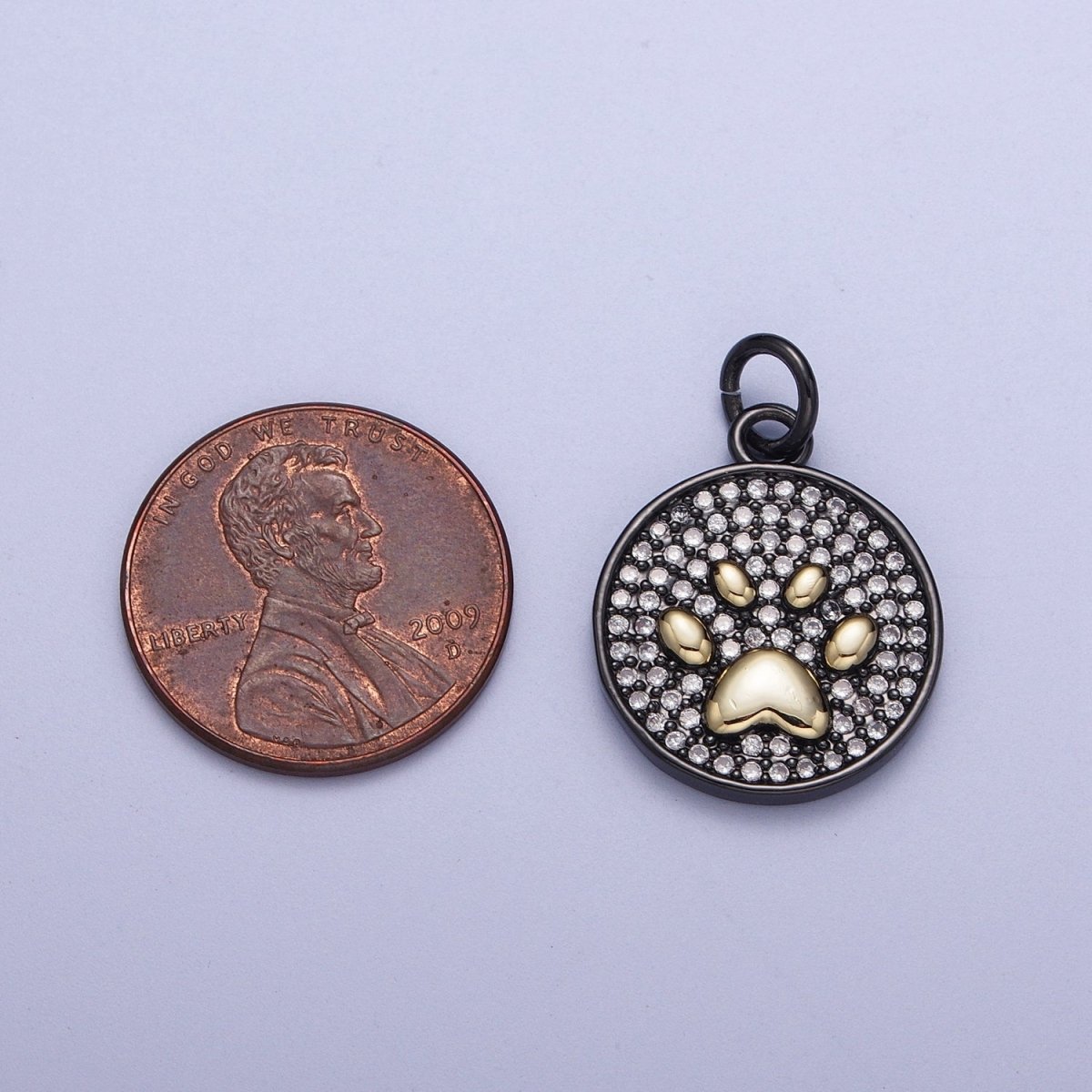 Round Clear Micro Paved CZ Gold Animal Pawprint Black Medallion Charm | X-728