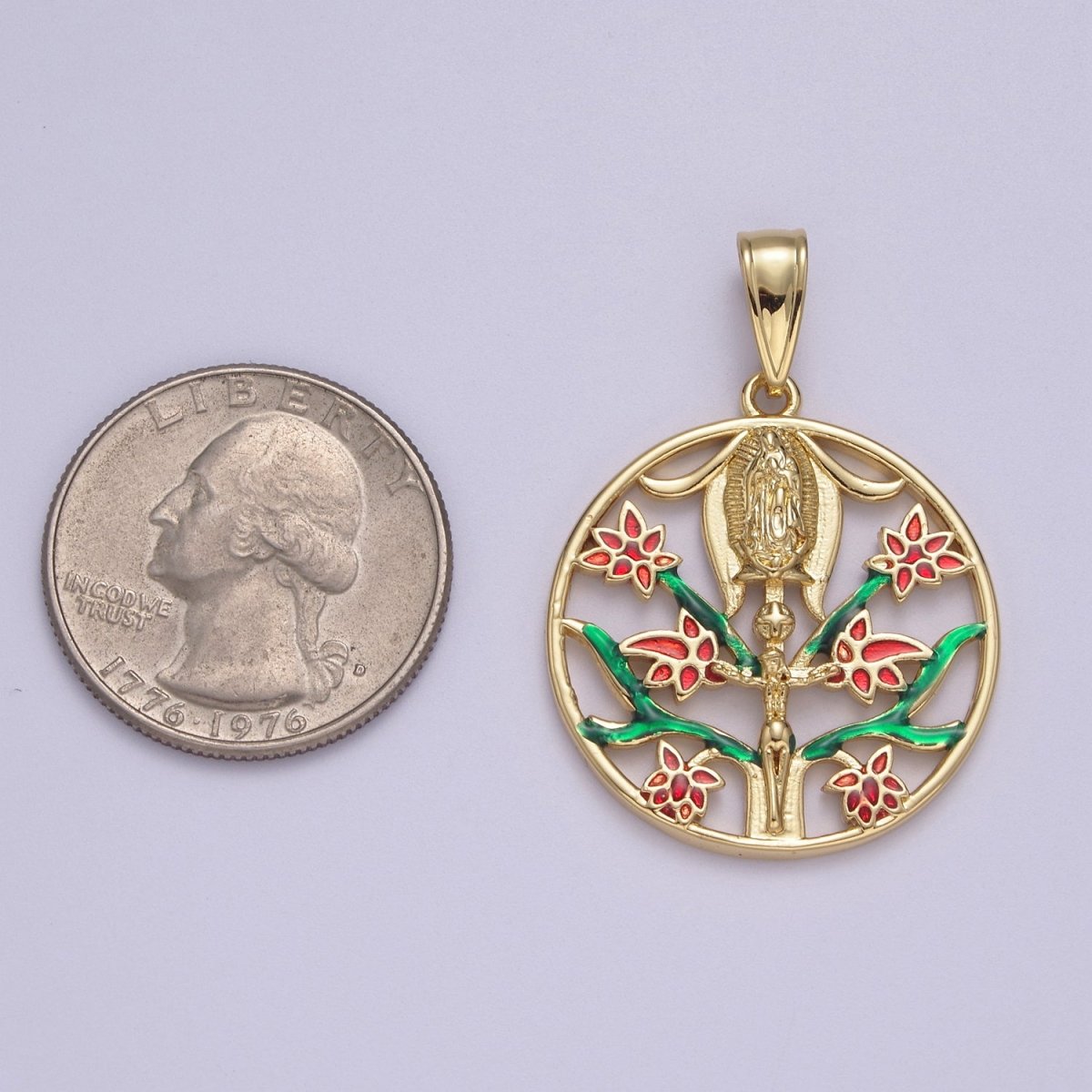 Round Coin Gold Virgin Mary With Green Garden Pink Rose Flower for Necklace Pendant N-615