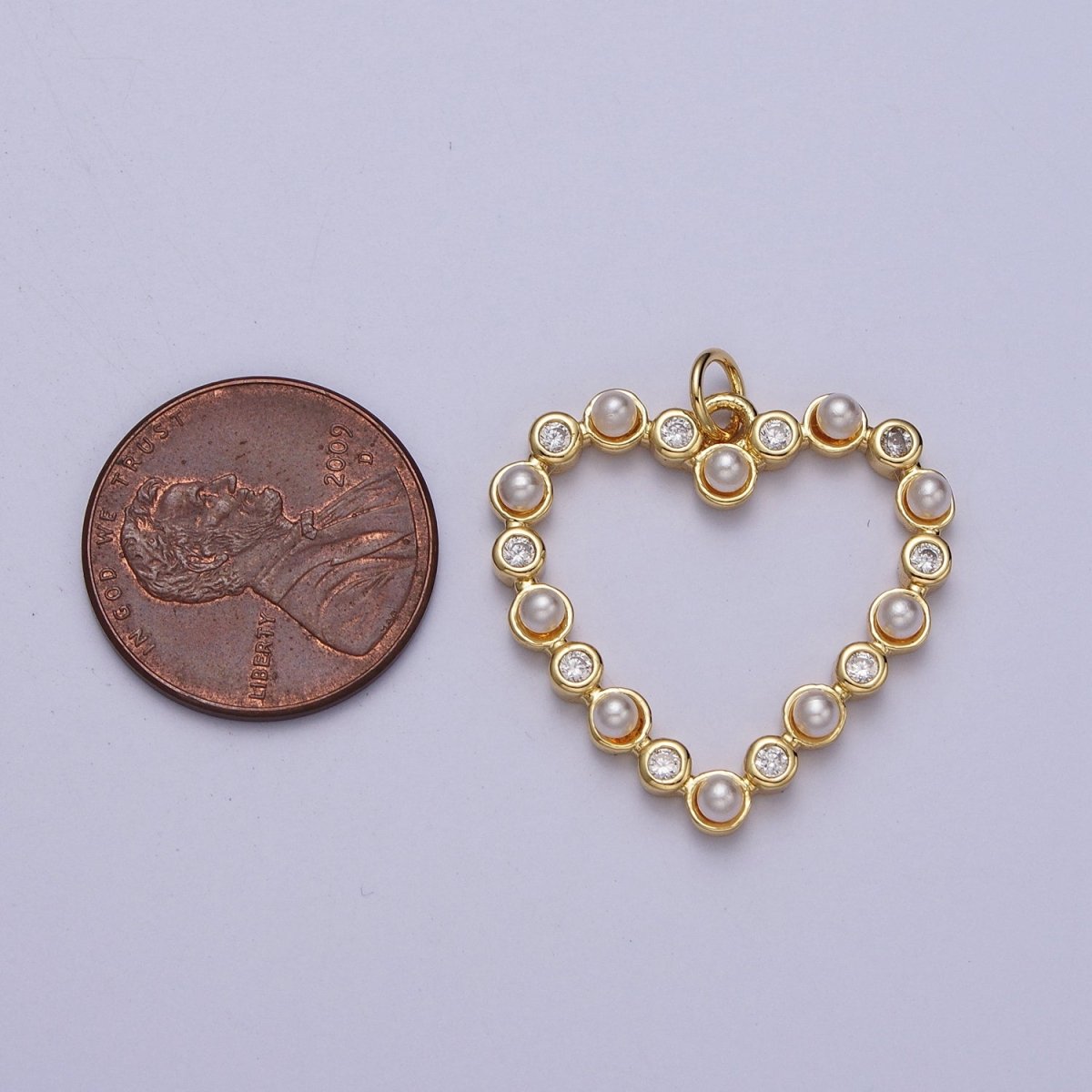 Round Pearl Clear CZ Lined Open Heart Charm E-446