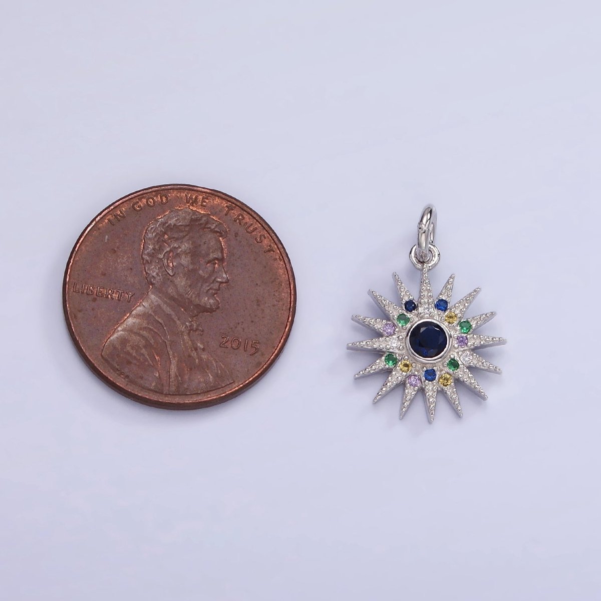 S925 Sterling Silver 13mm Sunburst Charm with Colorful Cz Stone | SL-480