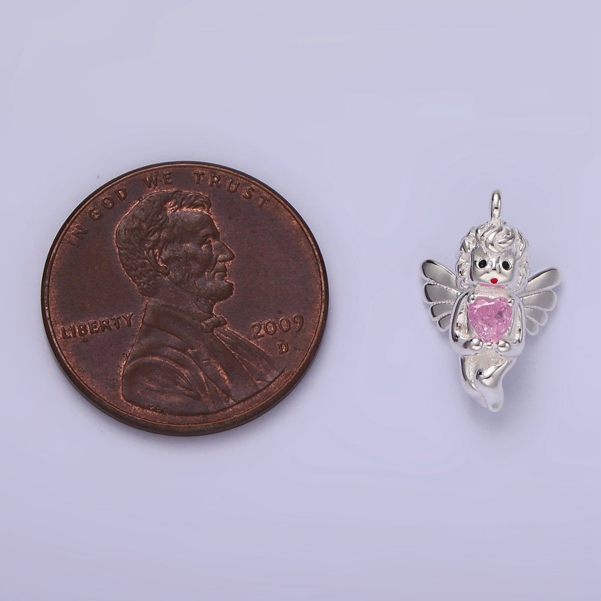 S925 Sterling Silver 15mm Pink CZ Heart Cupid Cherub Fairy Charm | SL-423