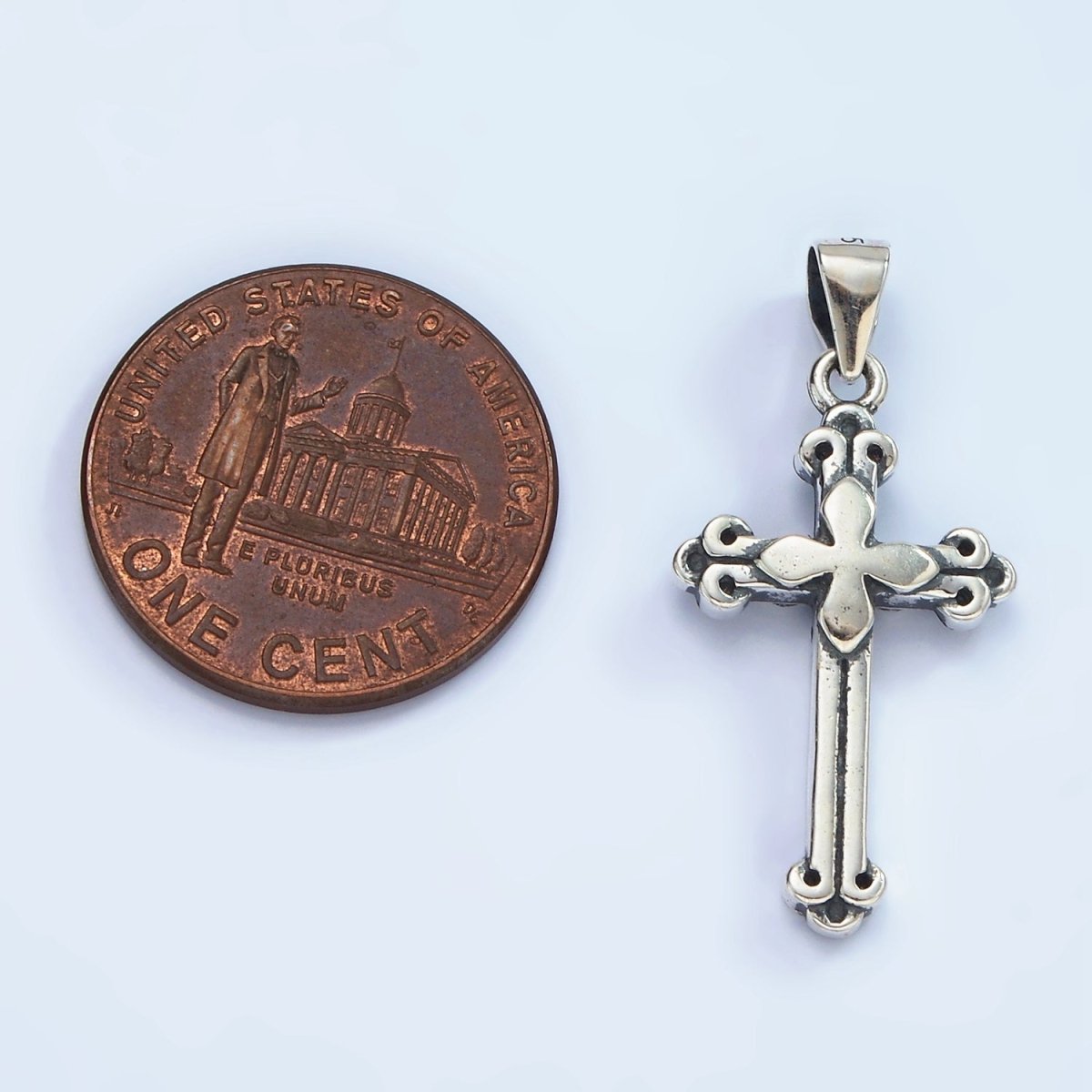S925 Sterling Silver 30mm Fleur Passion Cross Oxidized Pendant | SL-460