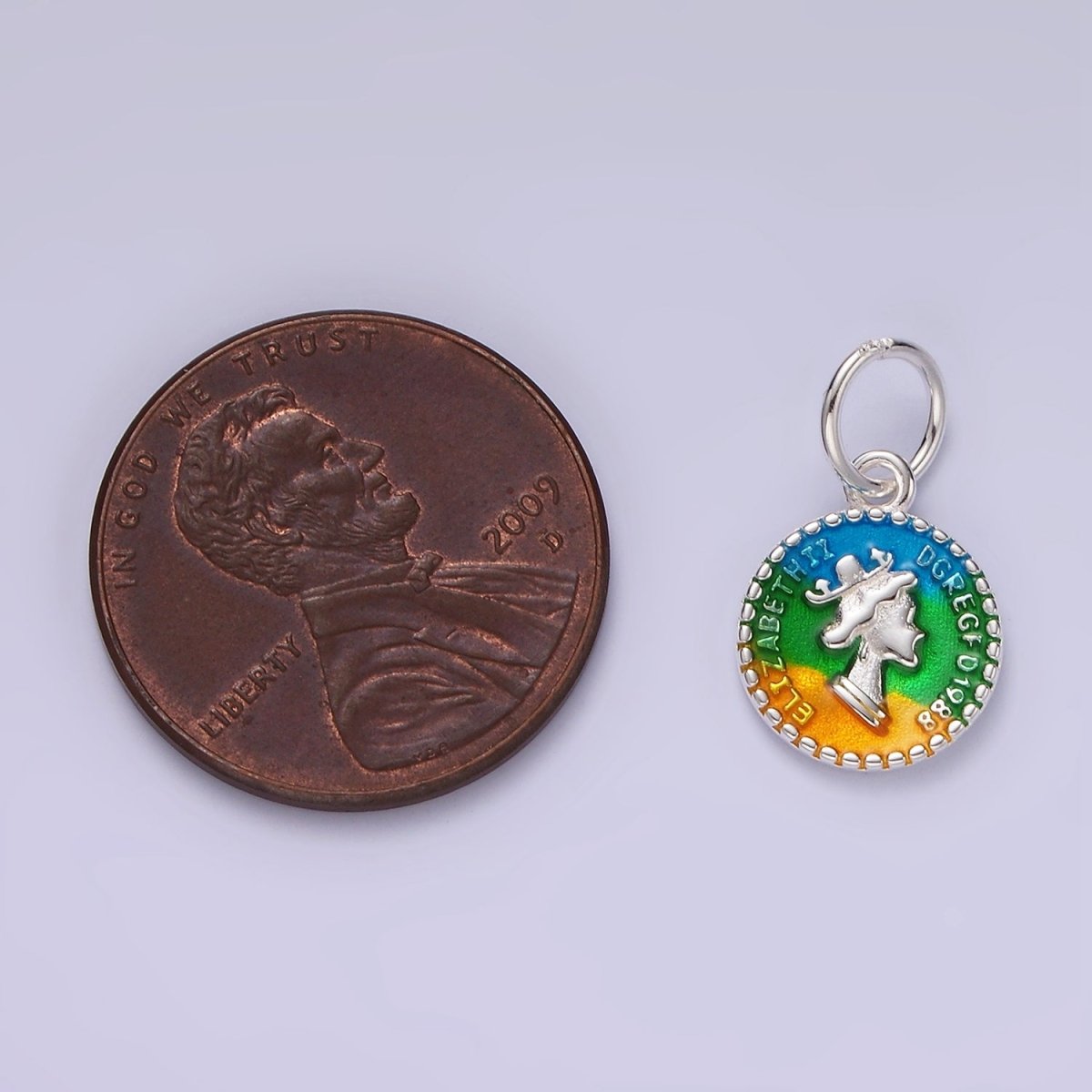 S925 Sterling Silver "Elizabeth II DG REG 01988" Script Multicolor Coin Charm | SL-432