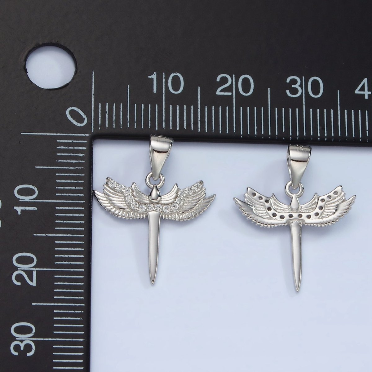 S925 Sterling Silver Micro Paved CZ Feather Wings Sword Pendant | SL-461