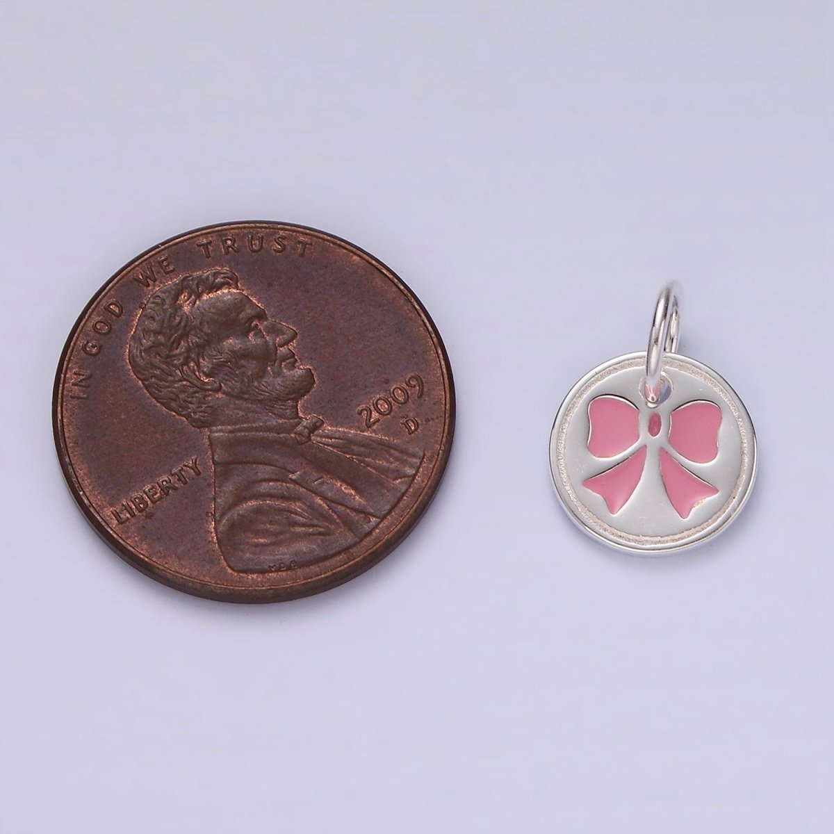 S925 Sterling Silver Pink Bow Ribbon Enamel Mini Round Charm | SL-433