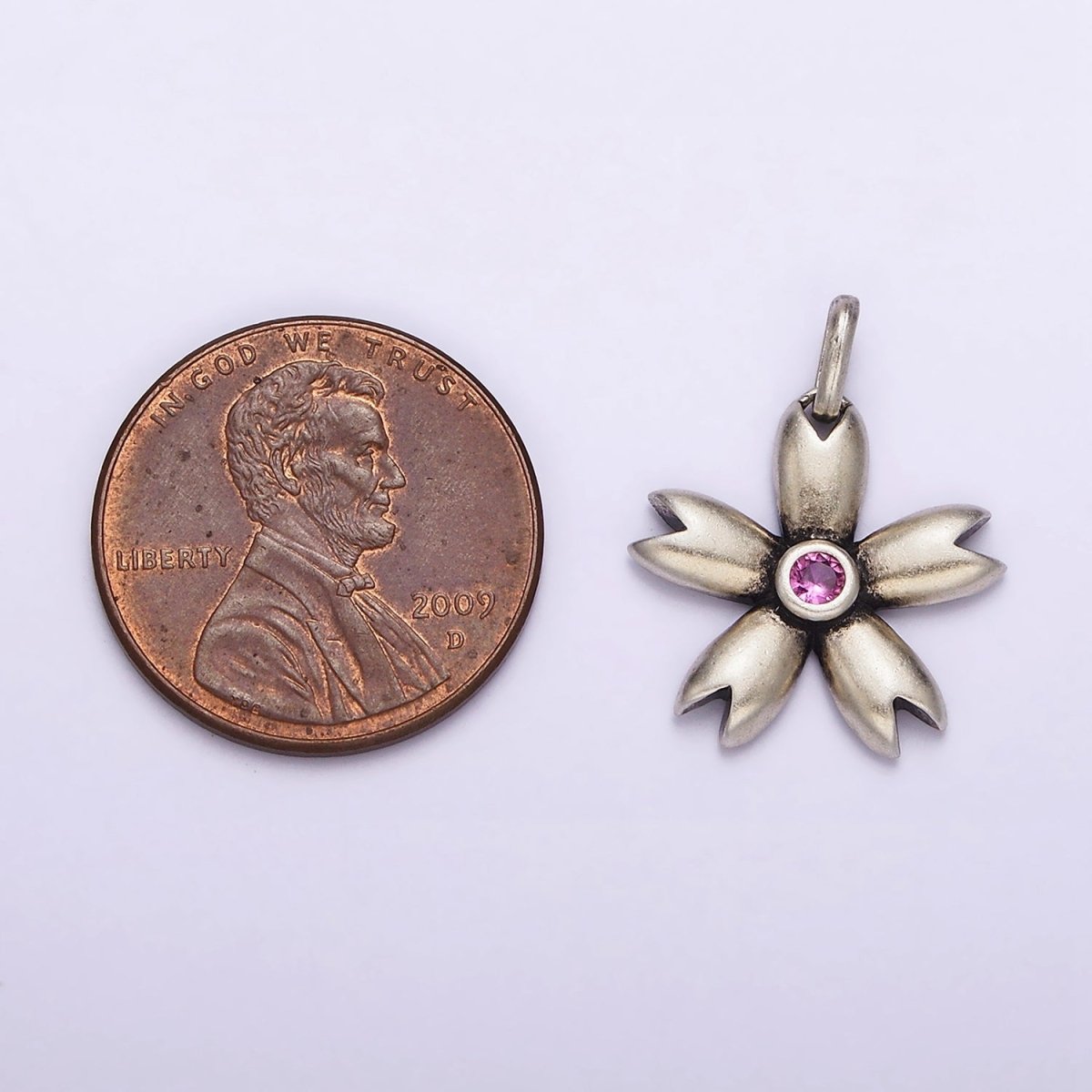 S925 Sterling Silver Pink CZ Flower Petal Charm | SL-341