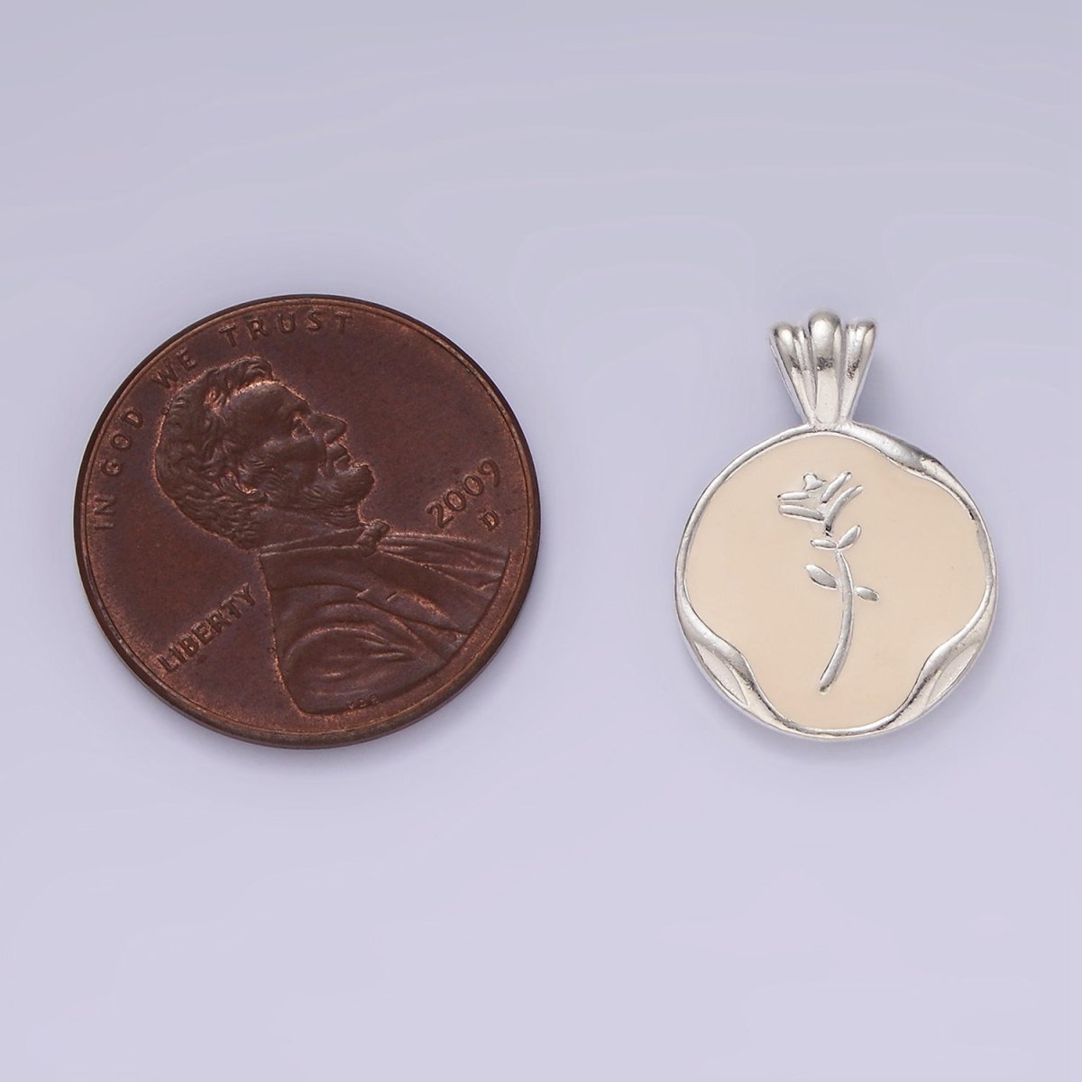 S925 Sterling Silver Rose Flower White Enamel "Love You More" Script Stamped Round Pendant | SL-419