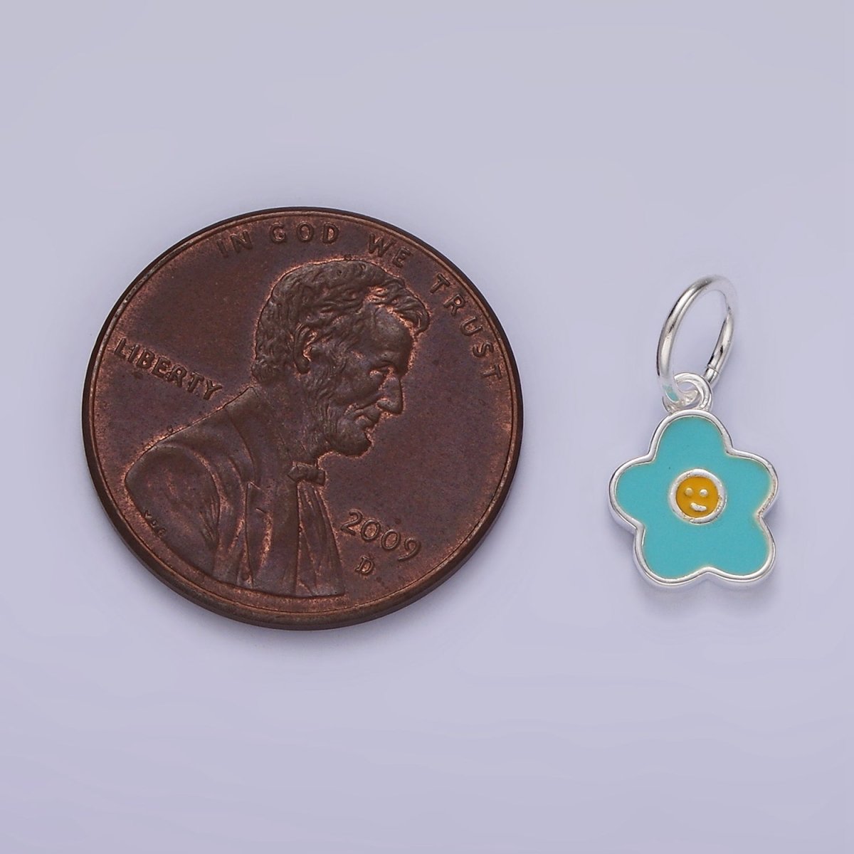 S925 Sterling Silver Smiley Face Flower Blue Enamel Charm | SL-421