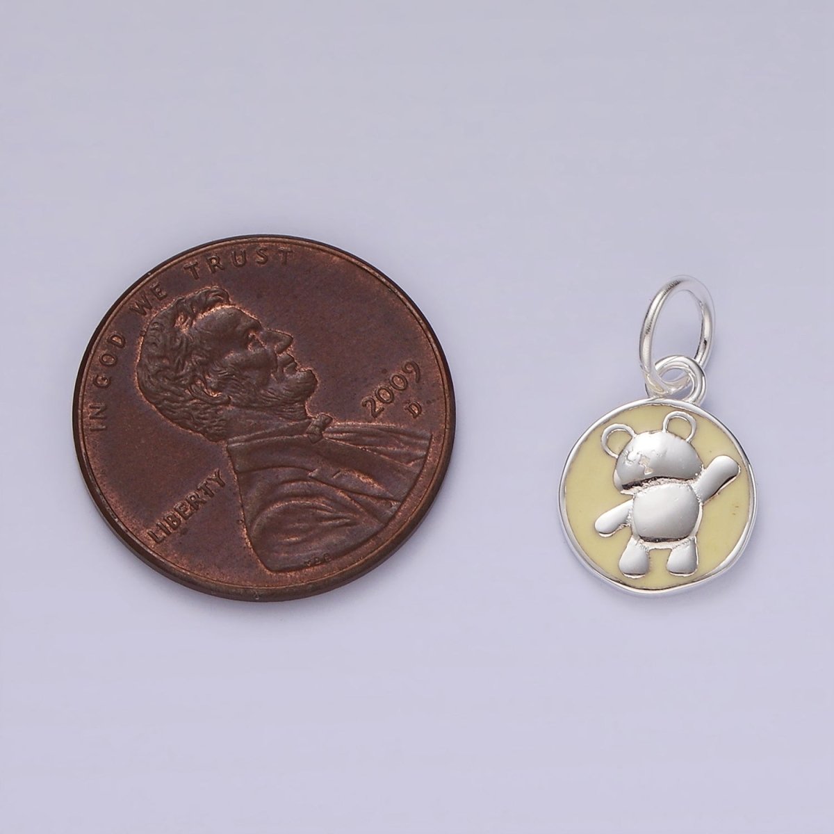 S925 Sterling Silver Teddy Bear Animal Yellow Enamel Round Charm | SL-437