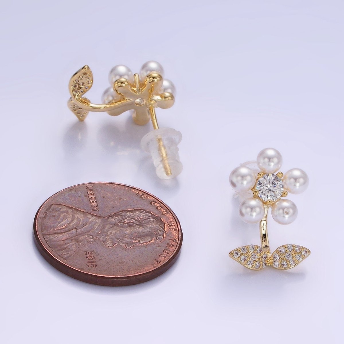 Shell Pearl Flower Micro Paved CZ Leaf Nature Stud Earrings in Gold & Silver | V504 V505