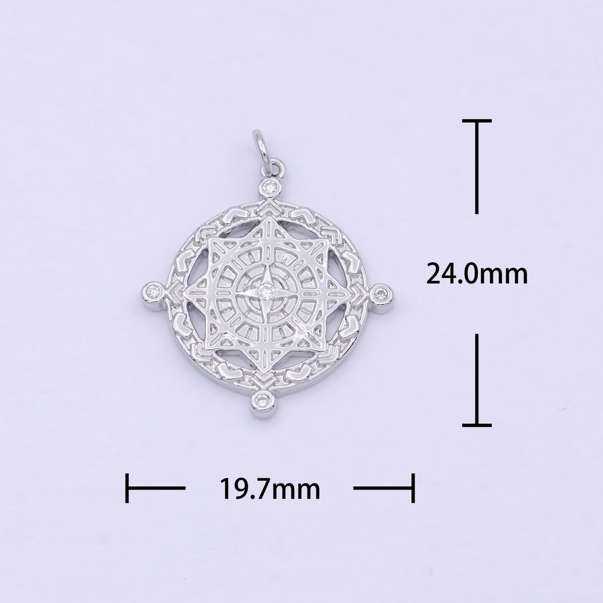 Silver Compass Pendant, cubic zirconia cz diamonds medallion pendant for Necklace Jewelry Making W-182