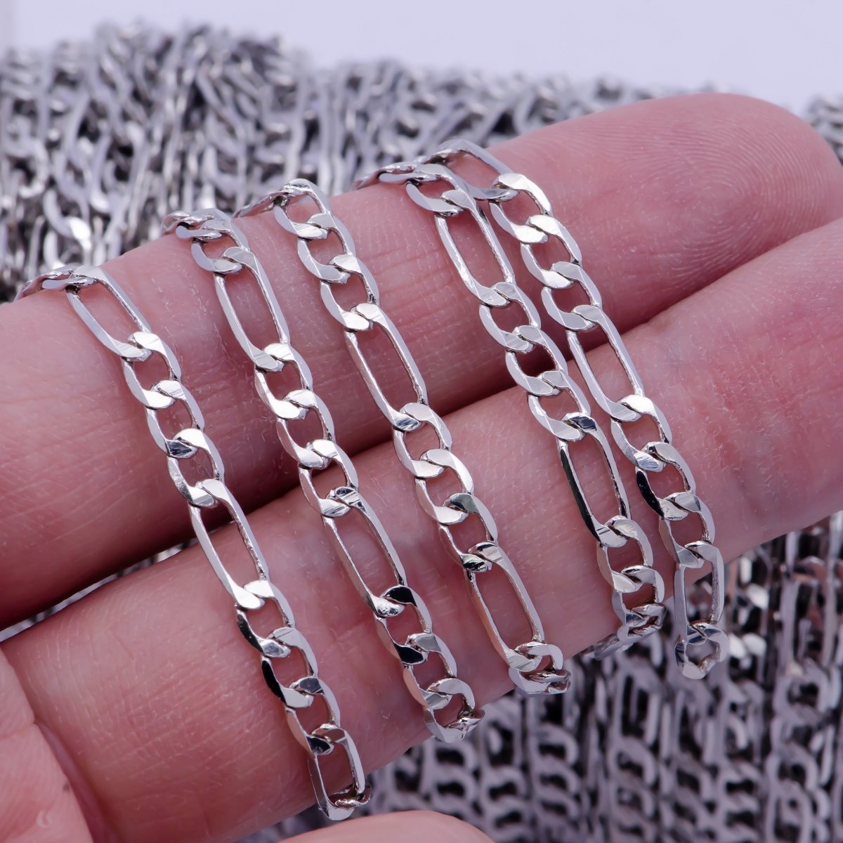 Silver Flat Figaro long and short Chain by Yard, Unfinished Rhodium Plated Chain For Jewelry Making | ROLL-737 Clearance Pricing