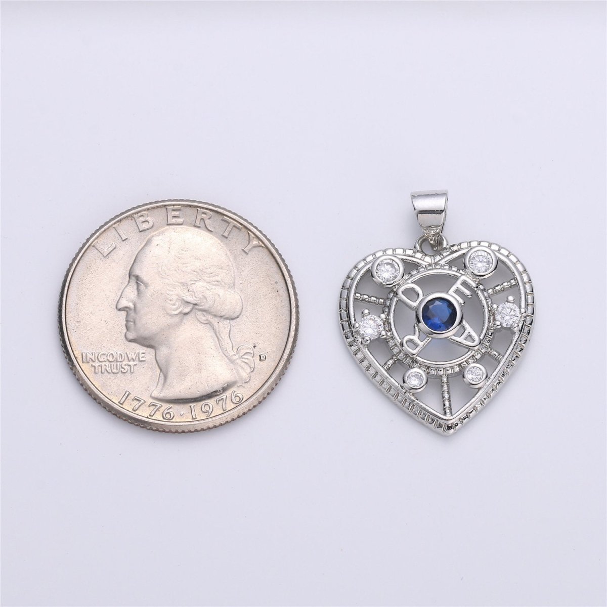 Silver Heart Charm, Micro Pave Pendant, Sapphire blue CZ Love Jewelry Supply I-606