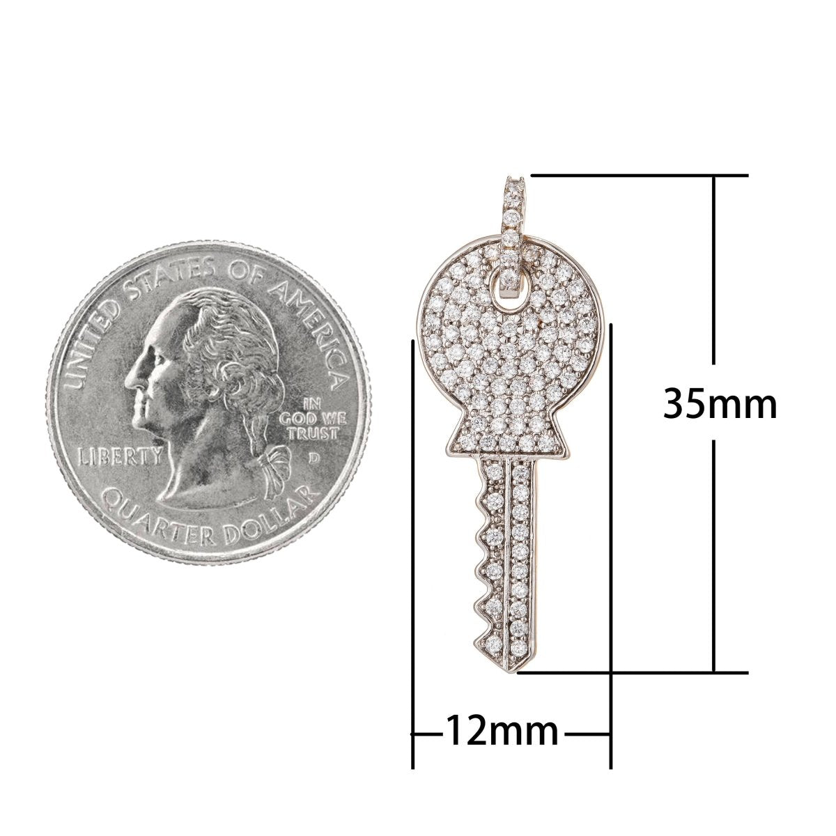 Silver Key Charm, Micro Pave CZ Charm, Rhodium Plated Pendant Dainty Diamond Key Necklace Charm for Jewelry Making I-197