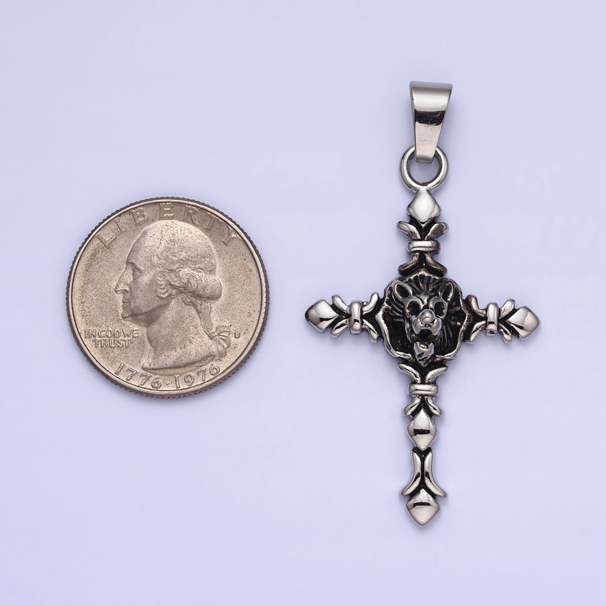 Silver Stainless Steel Religious Elaborate Cross Lion Skull Skeleton Pendant J-740