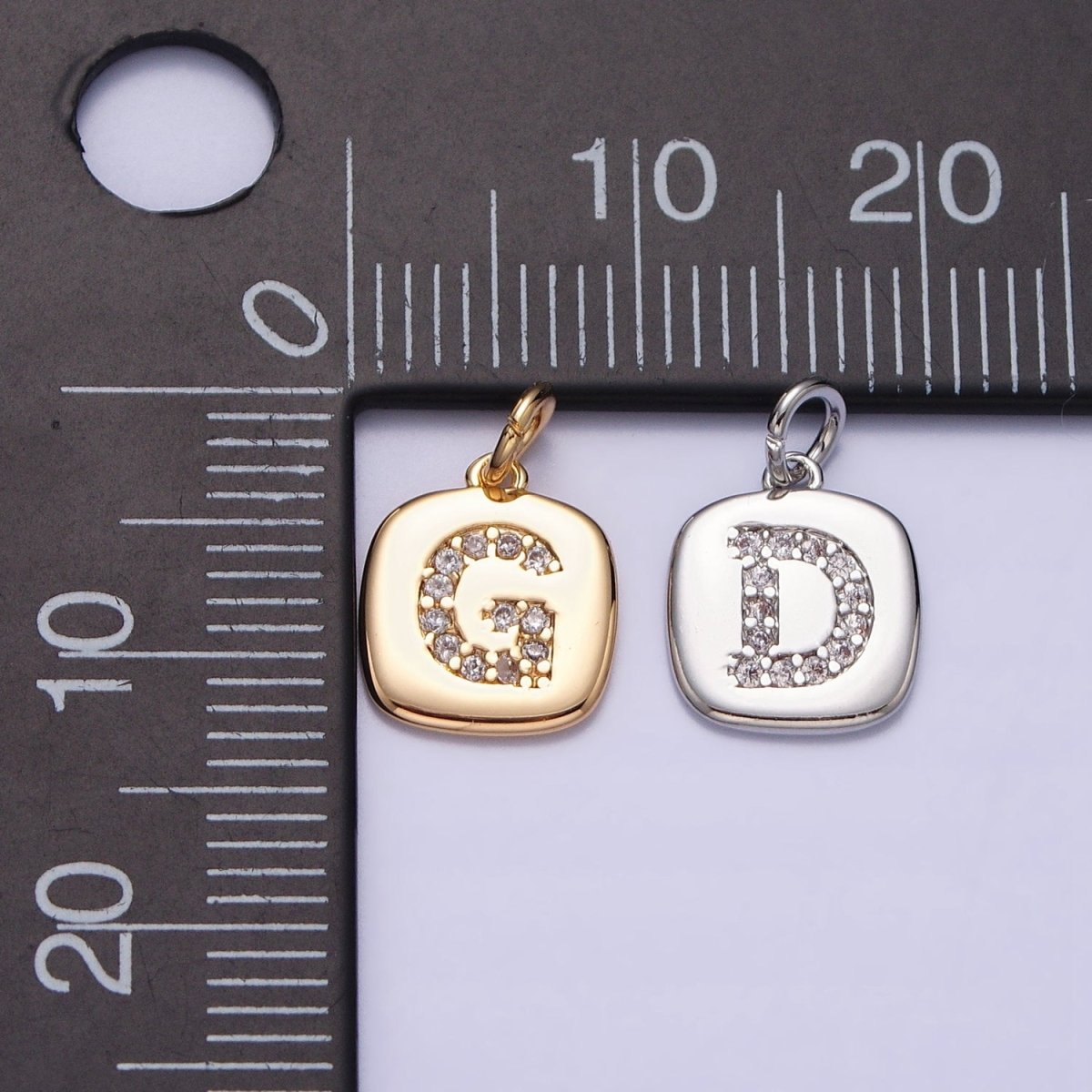 Silver Tag Square CZ Clear Micro Paved Initial Alphabet Dainty Personalized Name Tag Charm | A-266-A-278