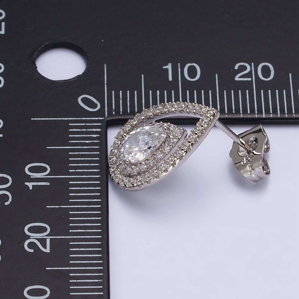 Silver Tear Drop Earring Stud with Cubic Zirconia Stone Micro Pave Pear CZ Stone AB1032