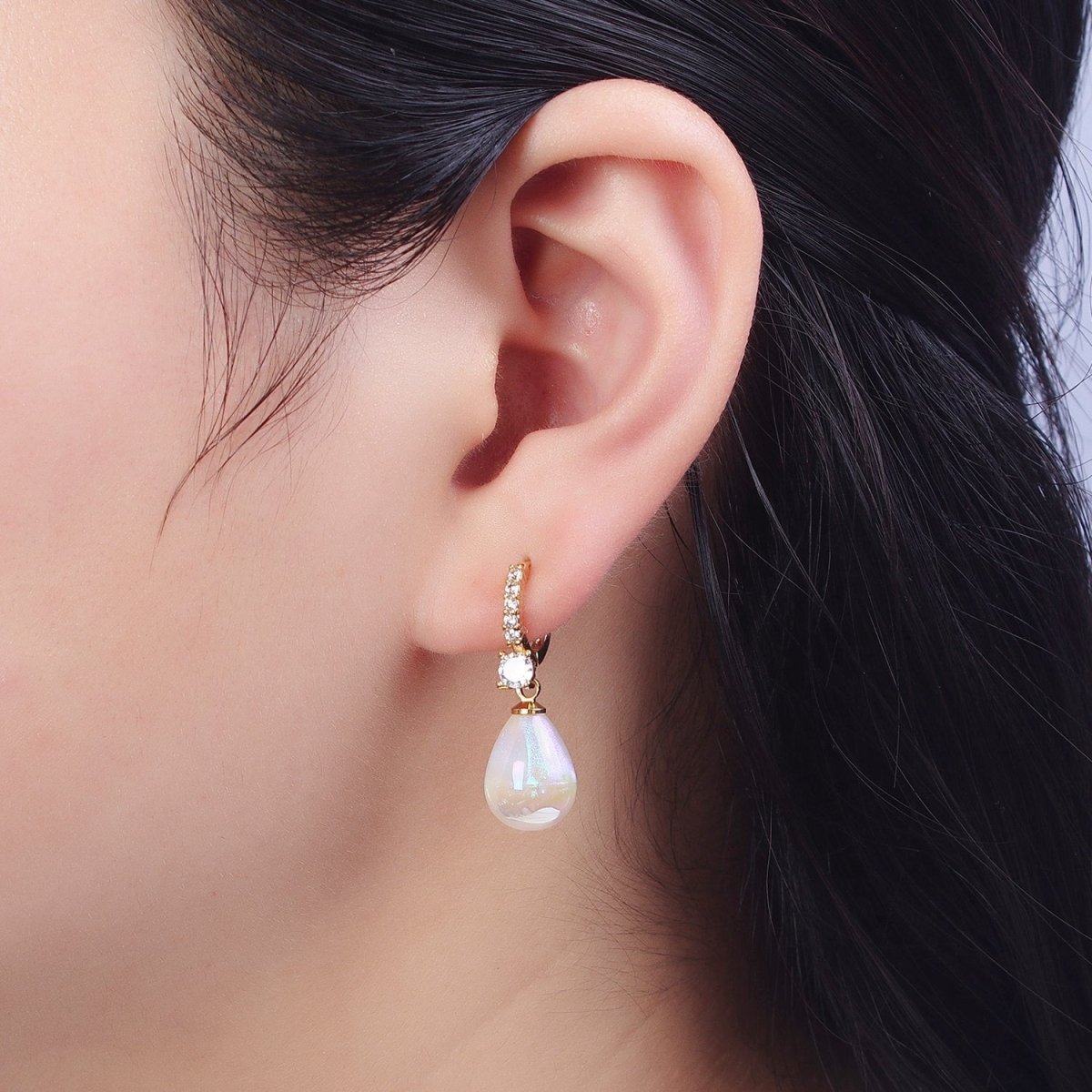 Simple Minimalist Micro Pave Cubic Zirconia Earrings, 24K Gold Filled Huggie Small Hoop Earrings with Round AB Color Pear Shape Ball AD-474