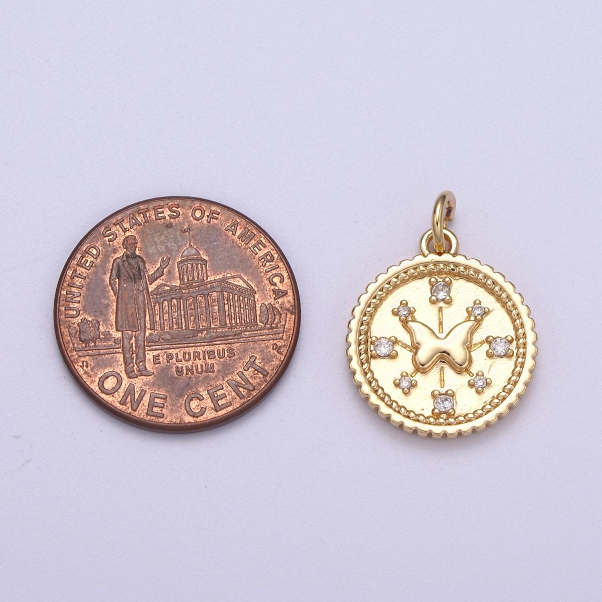 Small Butterfly Charm Pendant 16K Gold Filled CZ Micro Pave Small Coin Charm Pendant Necklace N-282