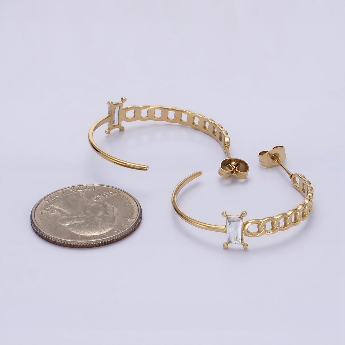 Stainless Steel 30mm Clear Baguette CZ Curb Half Link C-Shaped Hoop Earrings | AE707