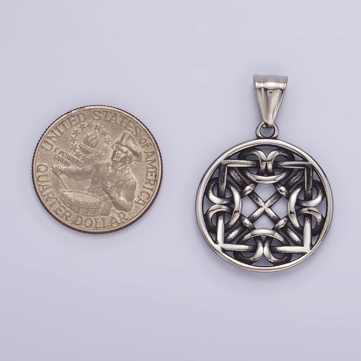 Stainless Steel 35mm Artisan Geometric Filigree Frame Open Bezel Pendant | P1191