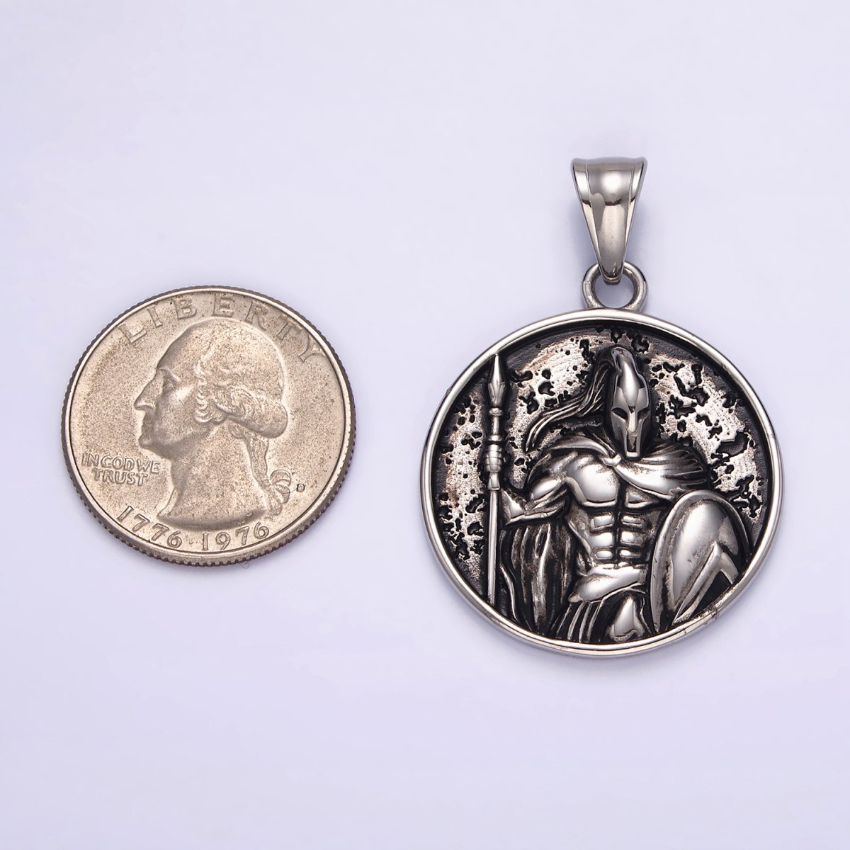 Stainless Steel 35mm Warrior Soldier Spear Shield Round Pendant | P-824