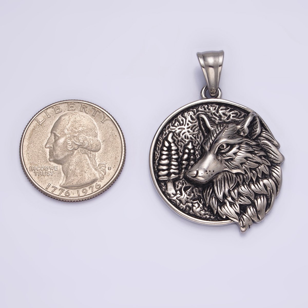 Stainless Steel 35mm Wolf Animal Nature Forest Trees Textured Round Pendant | P-827