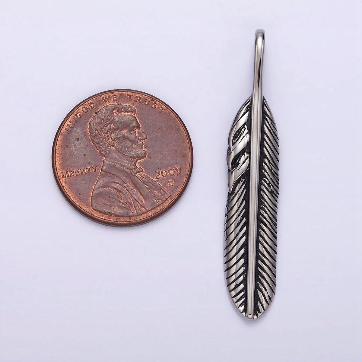 Stainless Steel 40mm Linear-Lined Feather Pendant | P-769