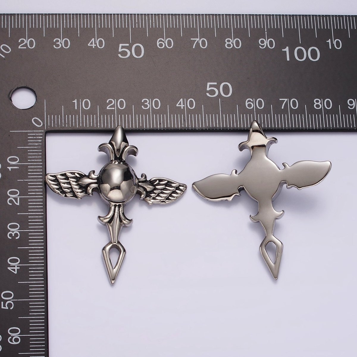 Stainless Steel 45mm Fleur Angel Wings Geometric Cross Pendant | P1365