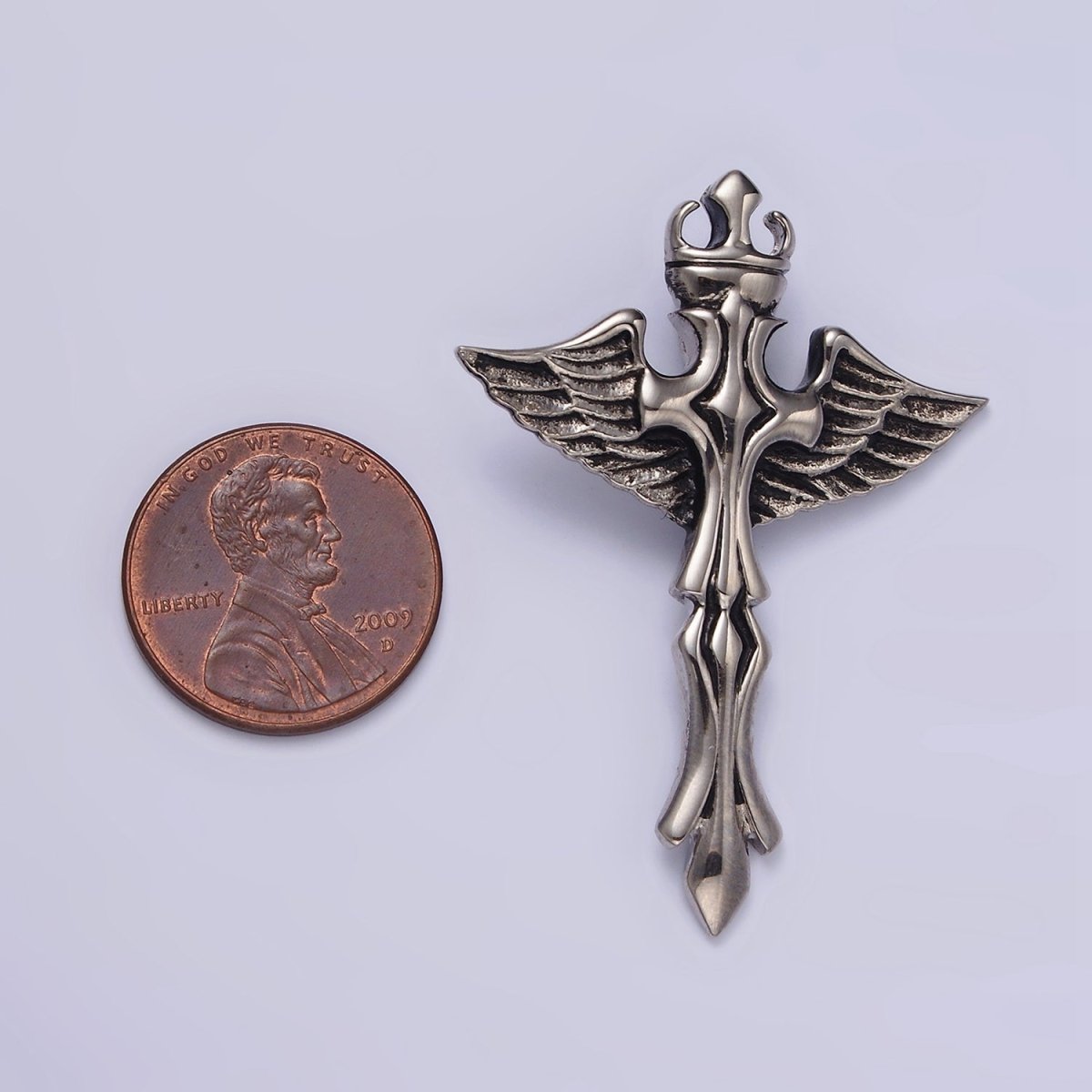 Stainless Steel 46.5mm Artisan Fleury Cross Crown Feather Wings Pendant | P-805