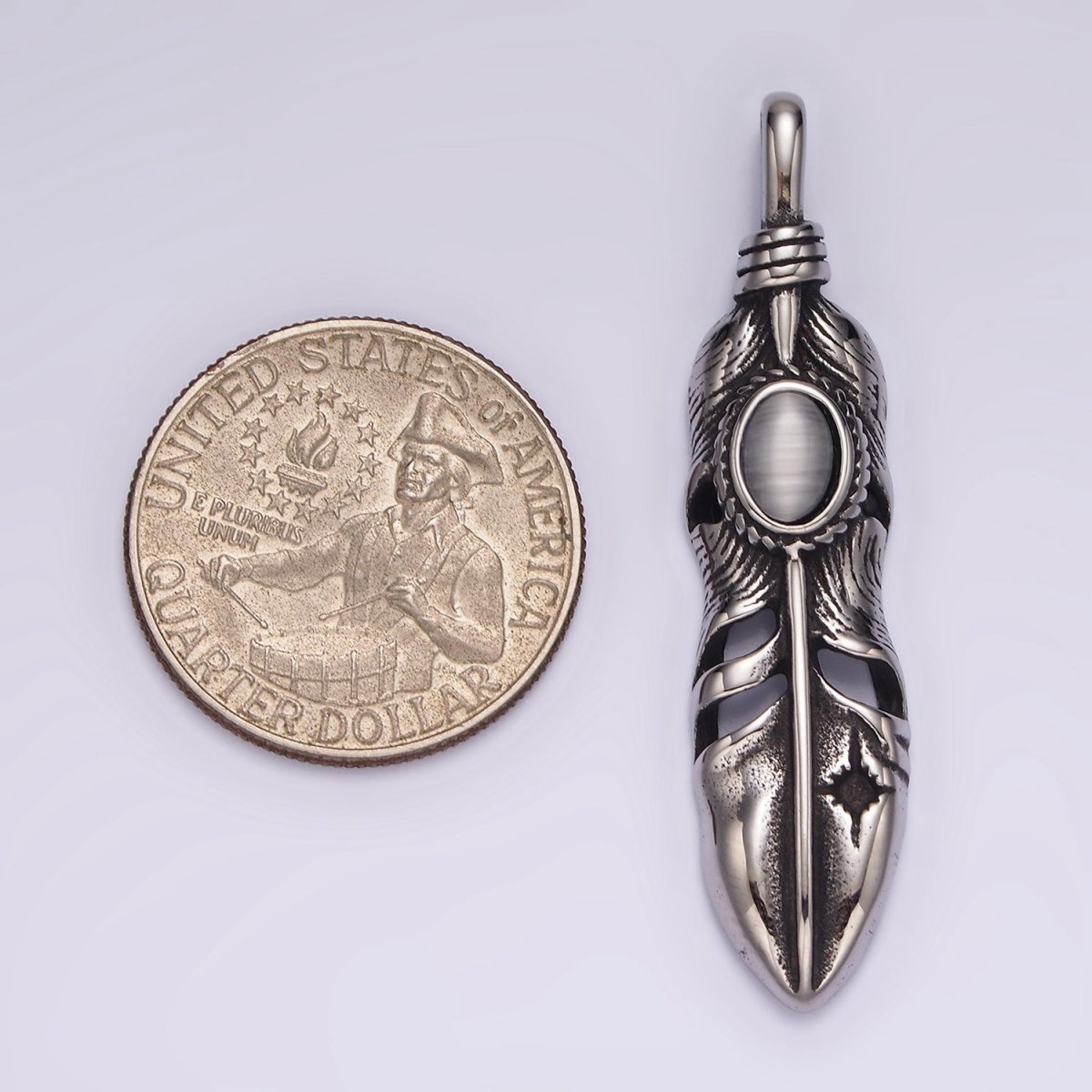 Stainless Steel 49mm Feather Charm Long Statement Boho Oxidized Pendant | P870