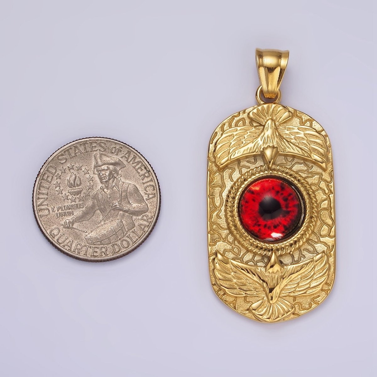 Stainless Steel 50mm Red Eye Double Bird Textured Oblong Pendant | P1073